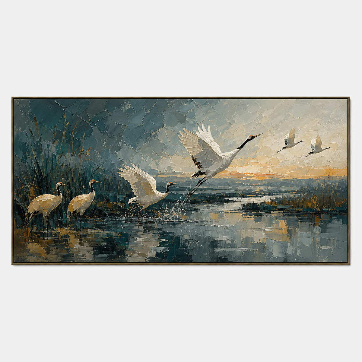 Panoramic crane painting with white birds over a blue-gray wetland.