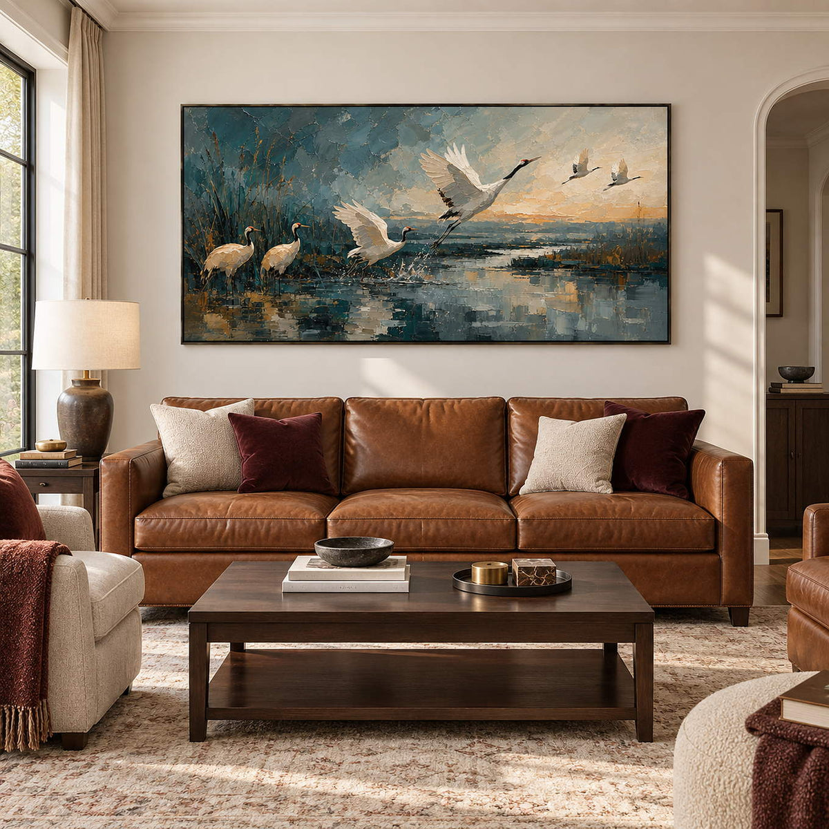 Panoramic crane painting with white birds over a blue-gray wetland, displayed in a living room in a black frame.