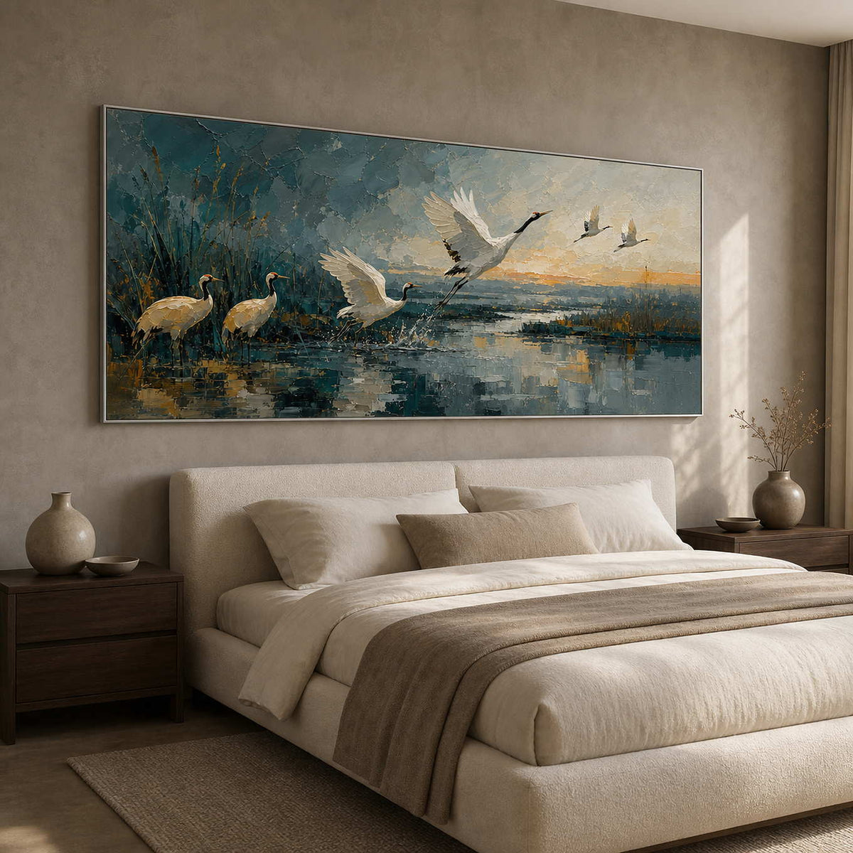 Blue-gray crane artwork above a softly layered modern bedroom.