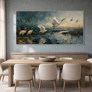 Panoramic bird painting above a refined contemporary dining room.