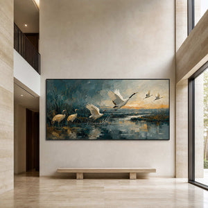 Wide crane painting in a dramatic double-height entry foyer.