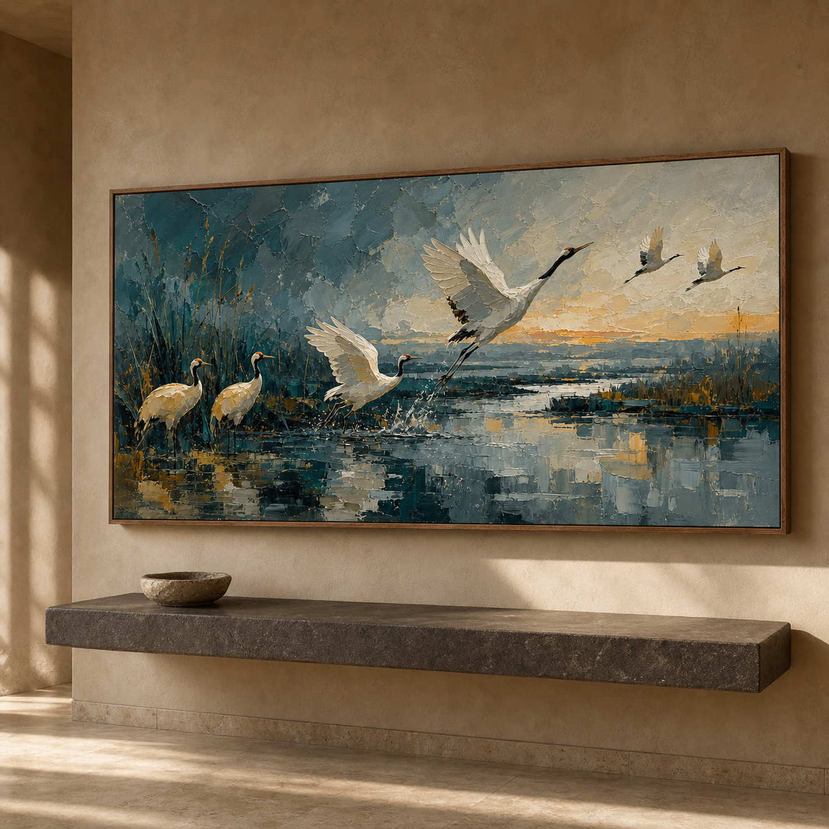 Textured wetland crane art above a warm wood entryway console.