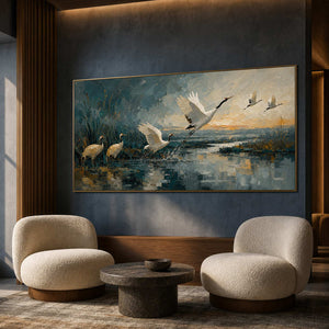 Serene crane wall art in an elegant hotel lounge.