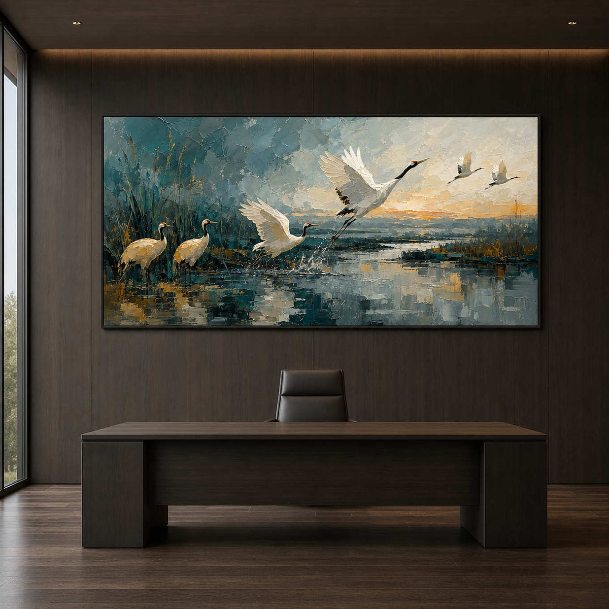 White crane wall art in a dark modern executive office.