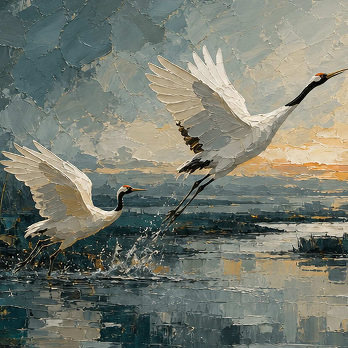 Close-up of layered palette-knife texture across cranes, water, and sky.