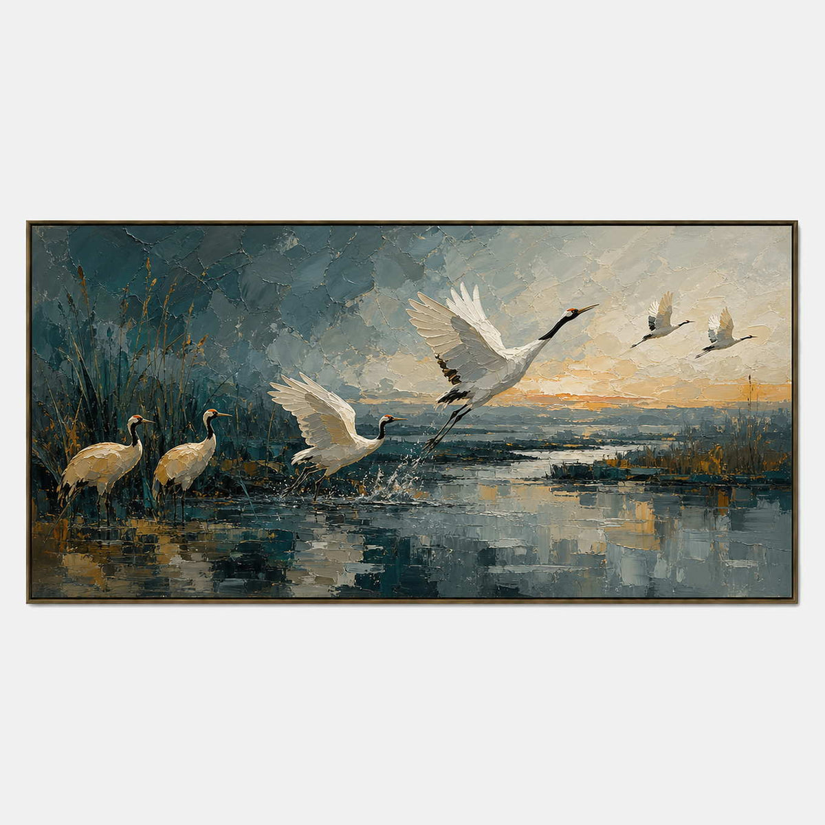 Panoramic crane painting with white birds over a blue-gray wetland.