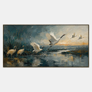 Panoramic crane painting with white birds over a blue-gray wetland.
