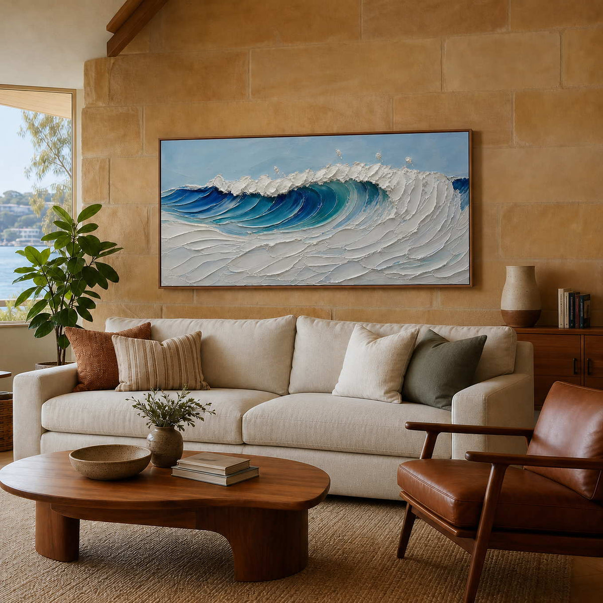 Cresting in Blue ocean wall art in a coastal living room.