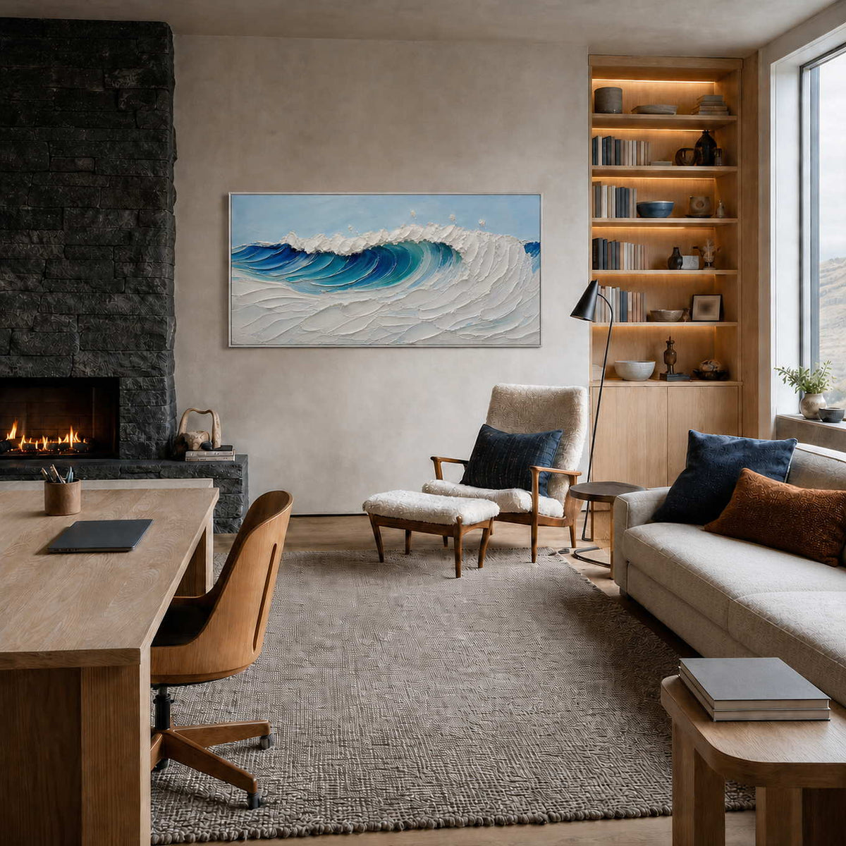 Textured ocean wall art displayed in a sophisticated home office.
