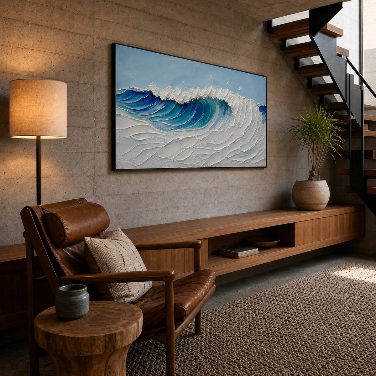 Textured ocean wall art shown from an angled coastal reading area.