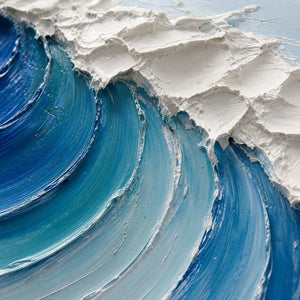 Close-up of sculpted white foam and layered turquoise wave texture.