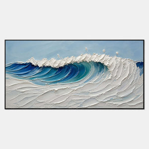 Hand-painted ocean wall art with a curling turquoise wave and foam.