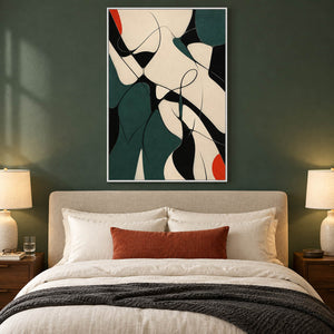 Deep green, black, and cream abstract painting with curved lines and red accents in a white frame in a bedroom.