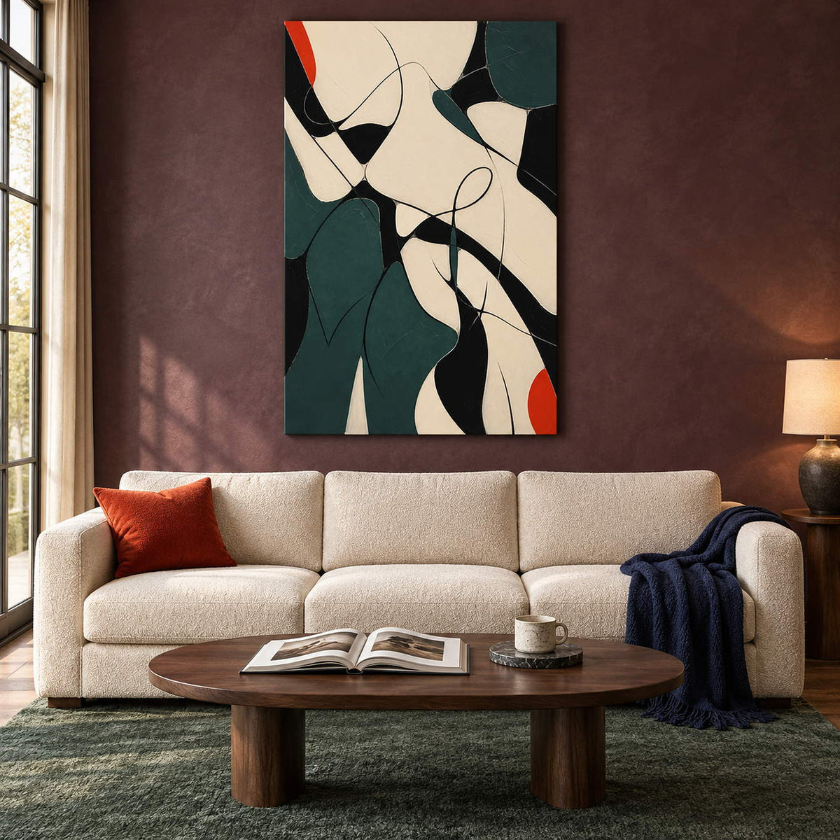 Deep green, black, and cream abstract painting with curved lines and red accents without an outer frame in a living room.