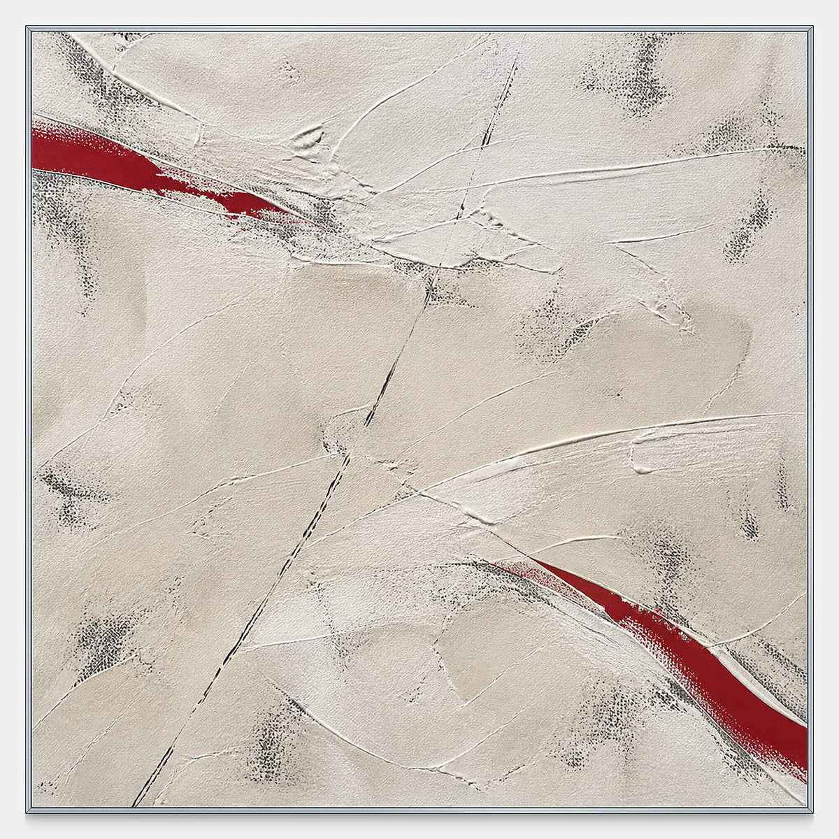 Square abstract artwork with diagonal red strokes cutting across layered ivory palette-knife texture.