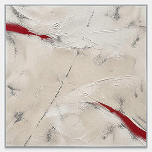 Square abstract artwork with diagonal red strokes cutting across layered ivory palette-knife texture.