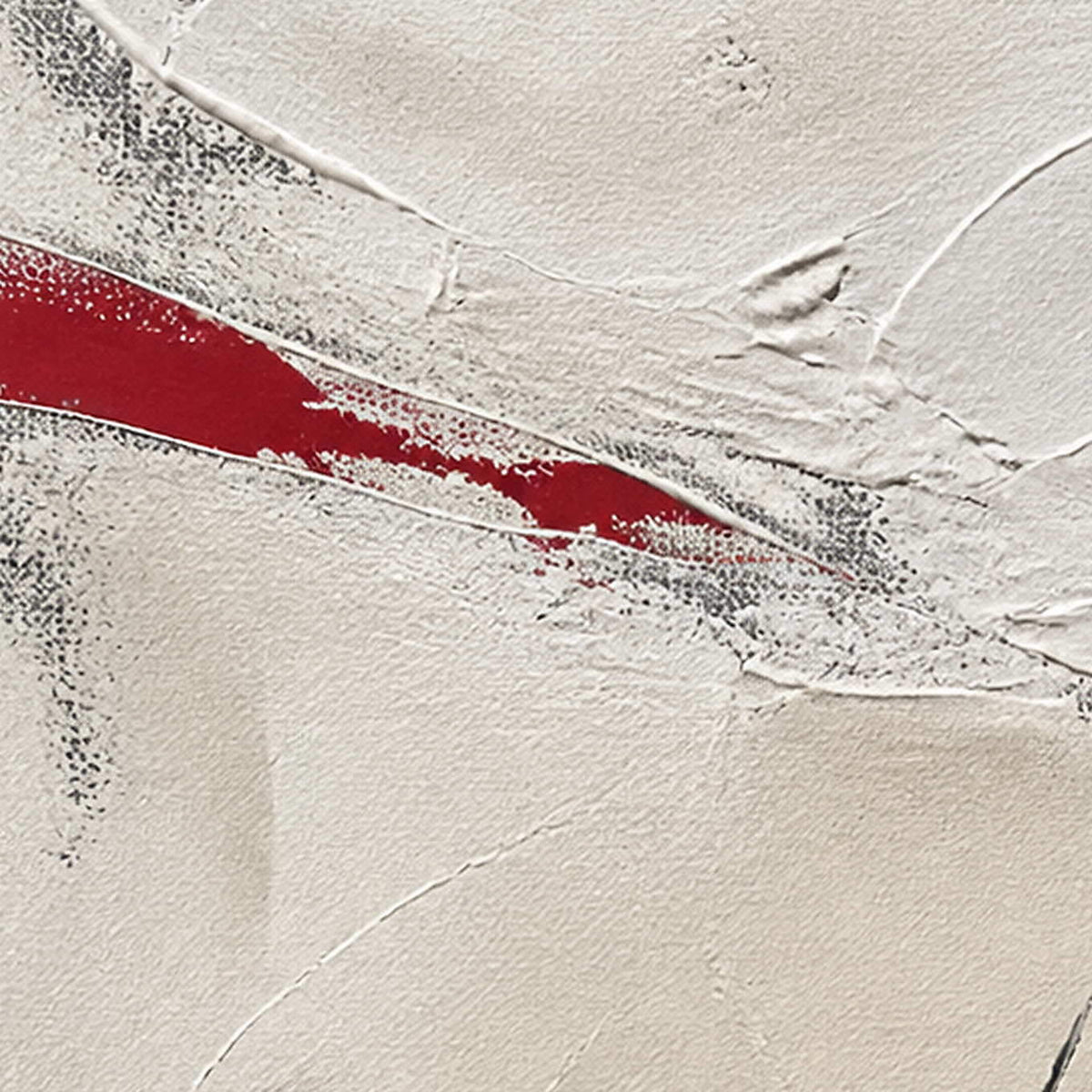 Close detail of red strokes and layered ivory palette-knife texture