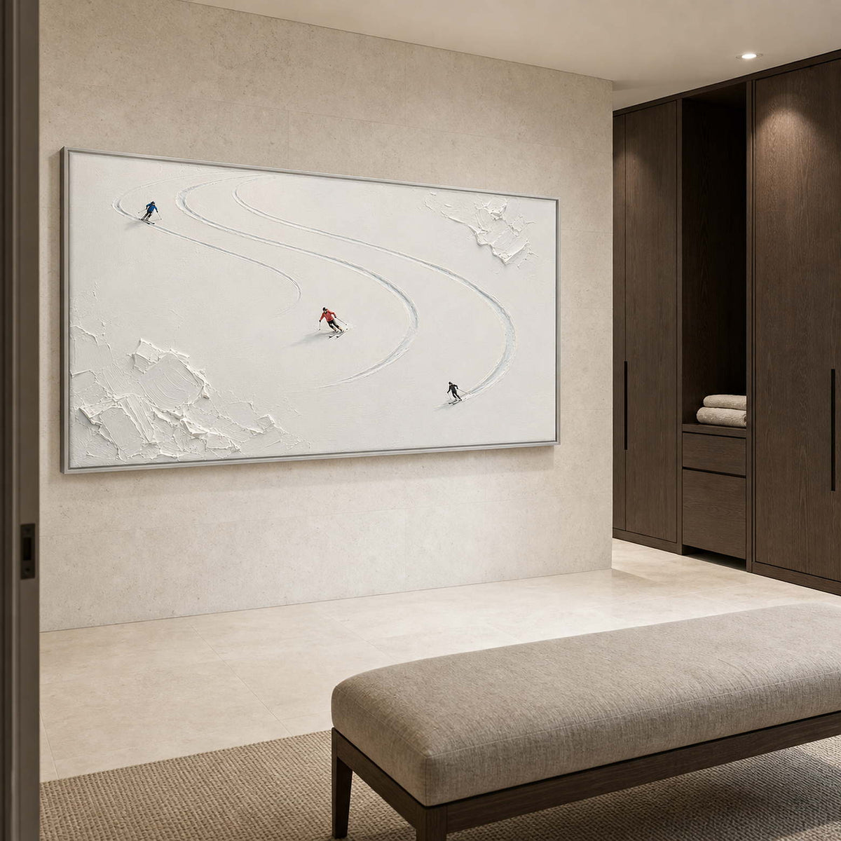 Textured Skiing Wall Art displayed in a refined bathroom.