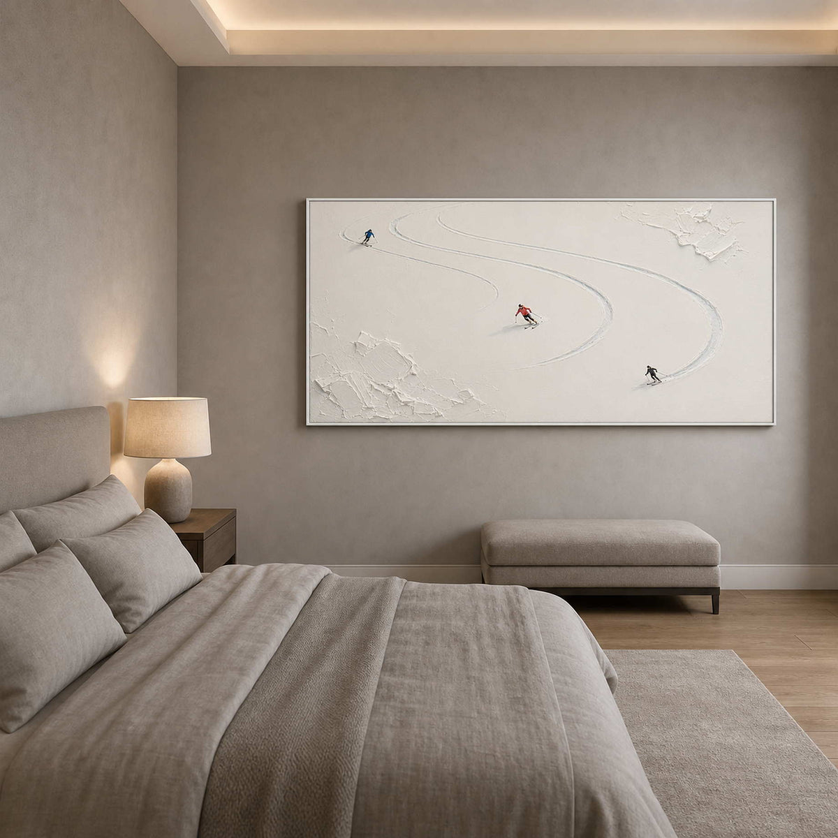 Textured Skiing Wall Art displayed in a refined bedroom.