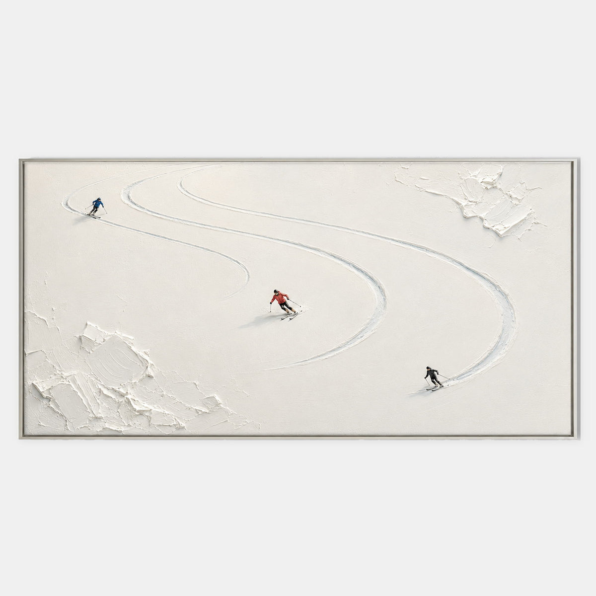 Hand-painted textured skiing wall art in white, neutral, and blue.