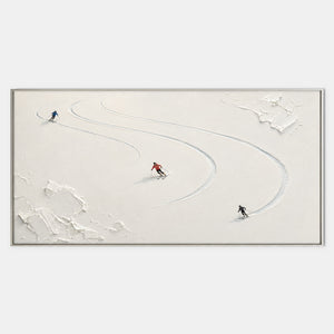 Hand-painted textured skiing wall art in white, neutral, and blue.