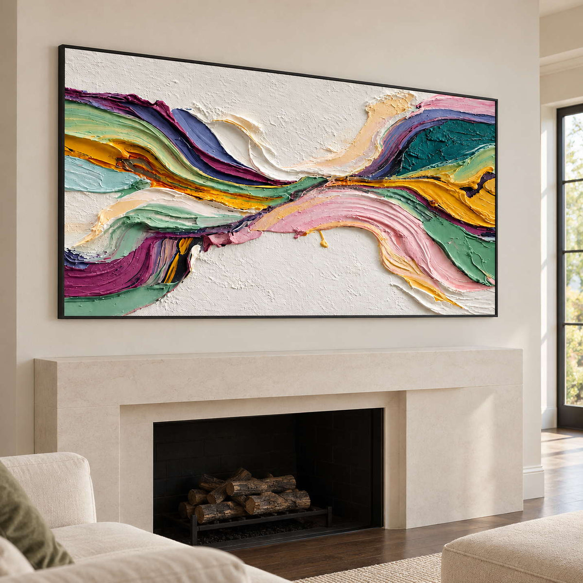 Black-framed color ribbons above a pale fireplace.