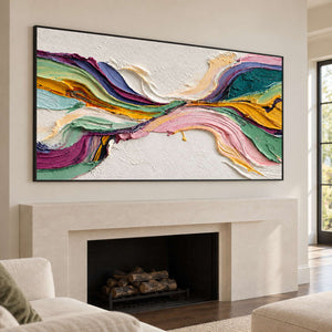 Black-framed color ribbons above a pale fireplace.