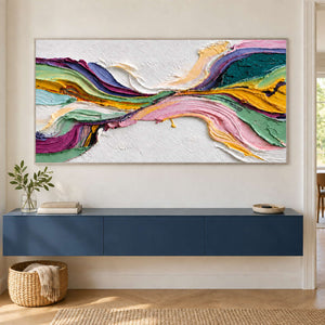Wide abstract above a floating blue console and wicker basket.