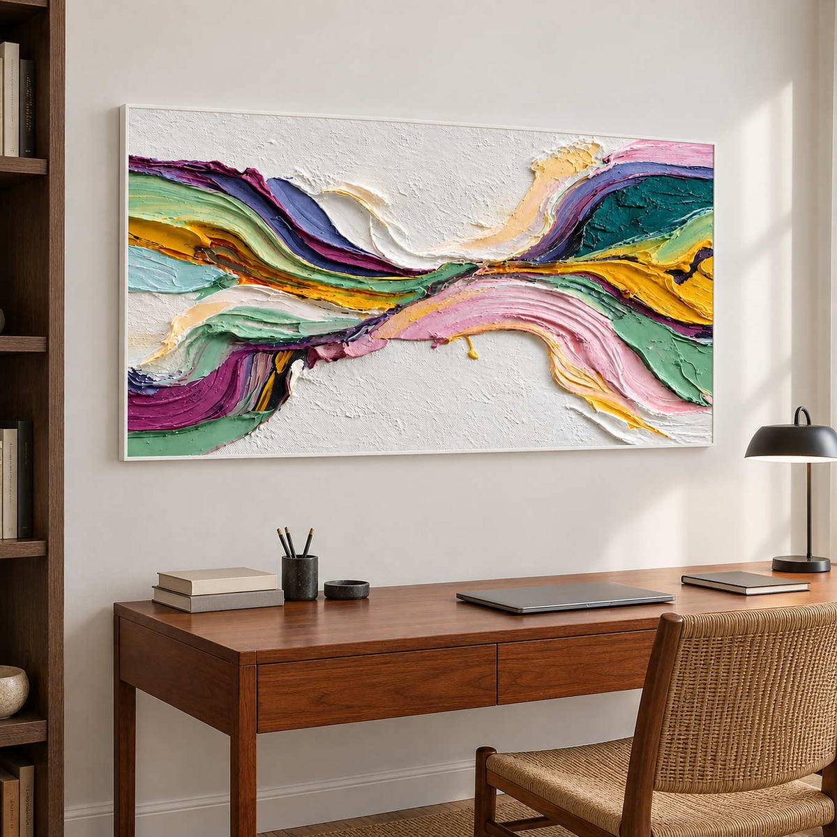Flowing abstract over a wooden desk with a woven chair.
