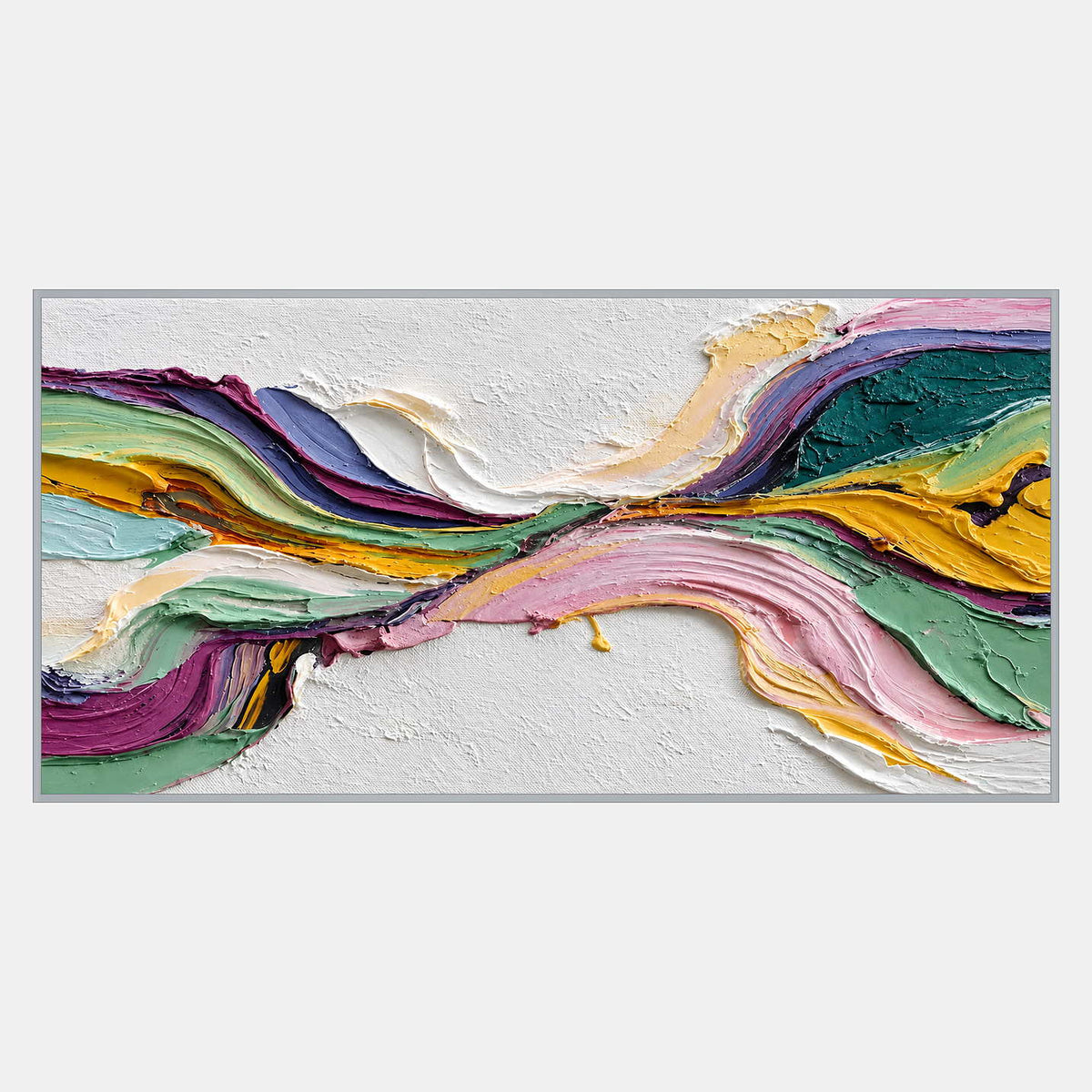 Wide abstract with pink, mint, yellow, violet, and teal textured bands converging centrally between white areas.