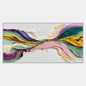 Wide abstract with pink, mint, yellow, violet, and teal textured bands converging centrally between white areas.