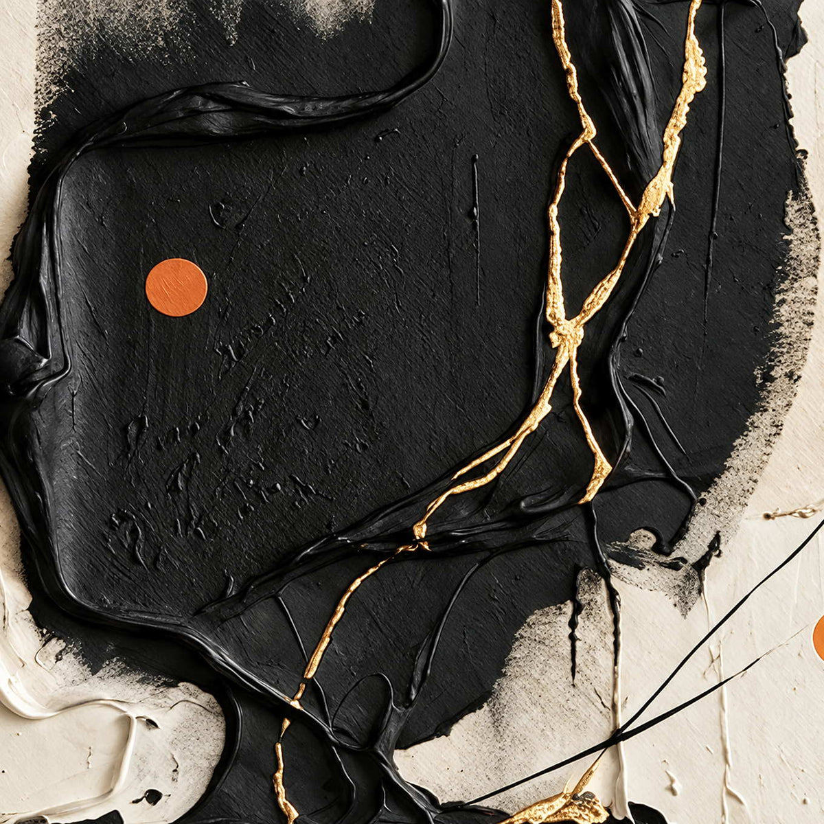 Close-up of Dancing on a Whim showing raised black paint, thin gold-toned lines and a small orange dot.