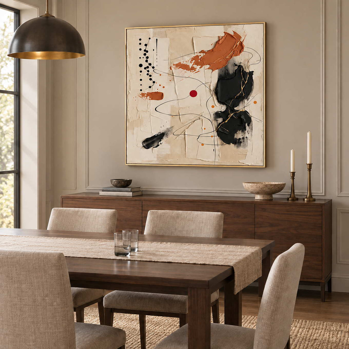 Dancing on a Whim in a gold frame above a wood sideboard behind a neutral upholstered dining set.