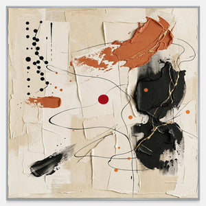 Front view of Dancing on a Whim, with black loops, terracotta strokes and a red circle across raised cream layers.