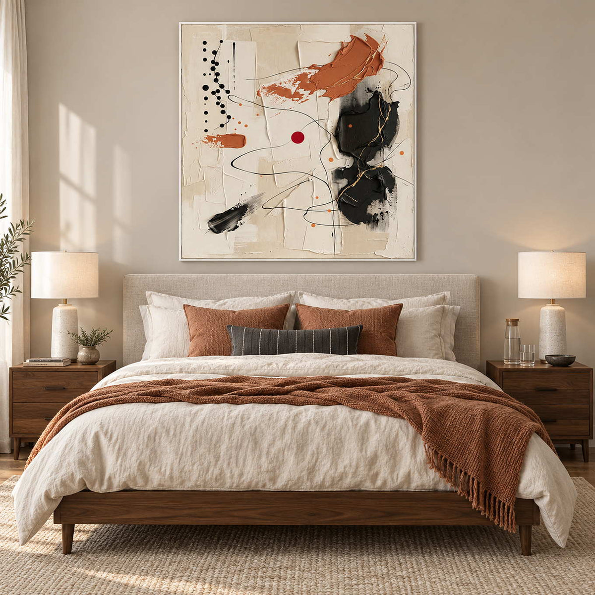 Dancing on a Whim in a white frame above a neutral bed with rust cushions and a warm brown throw.