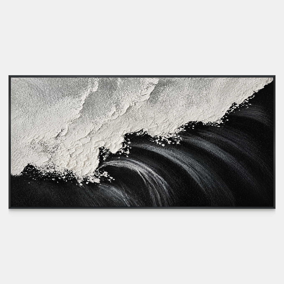 Panoramic monochrome wave painting with broad white foam over dark rolling curves.