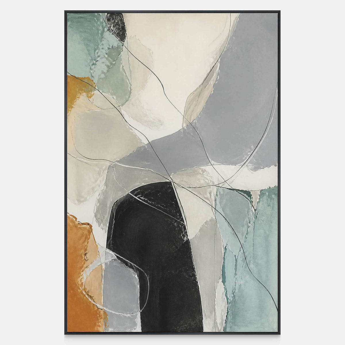 Hand-painted vertical abstract artwork in ivory, grey, sage, charcoal, and ochre.