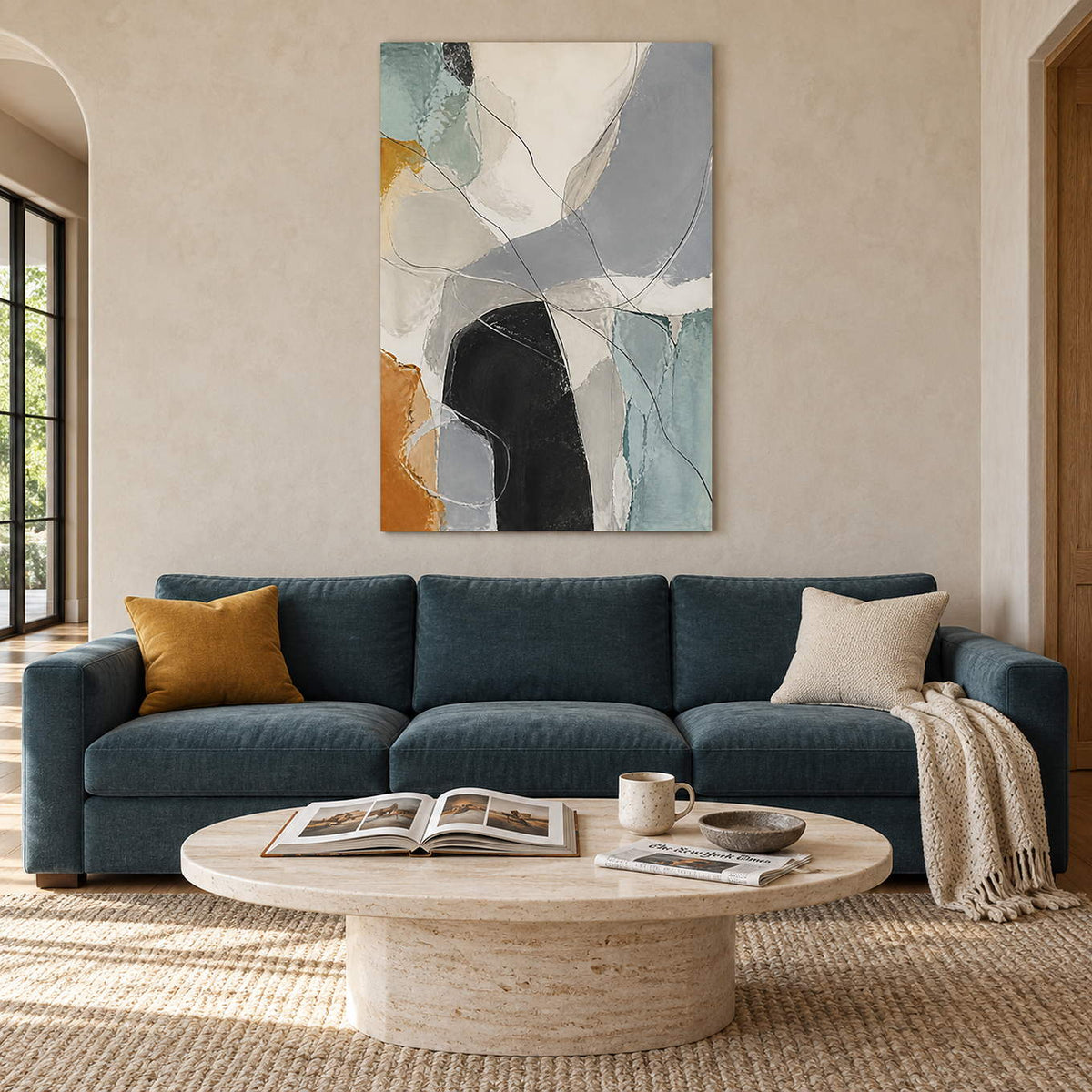 Ivory, gray, sage, and charcoal abstract painting with fine looping lines without an outer frame in a living room.