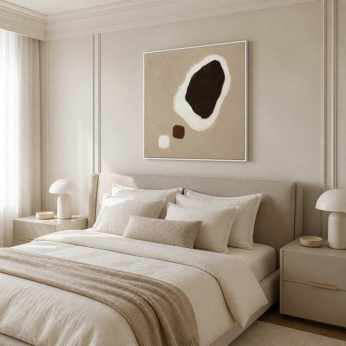 Dark Stone Held in White in a white-framed neutral bedroom