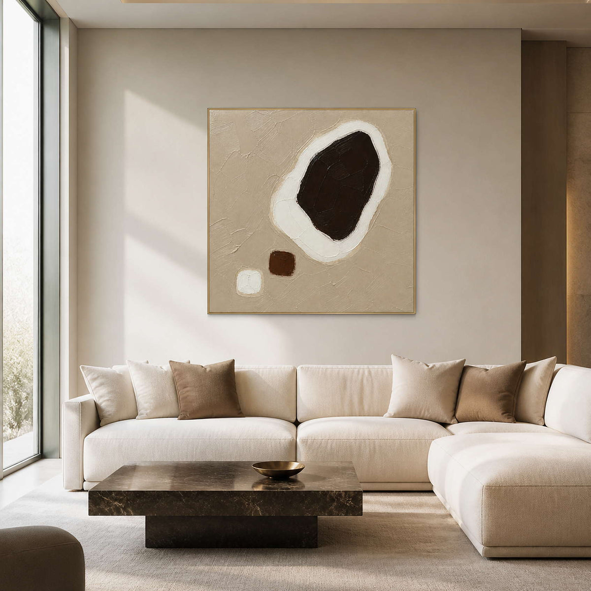 Dark Stone Held in White in a serene modern living room