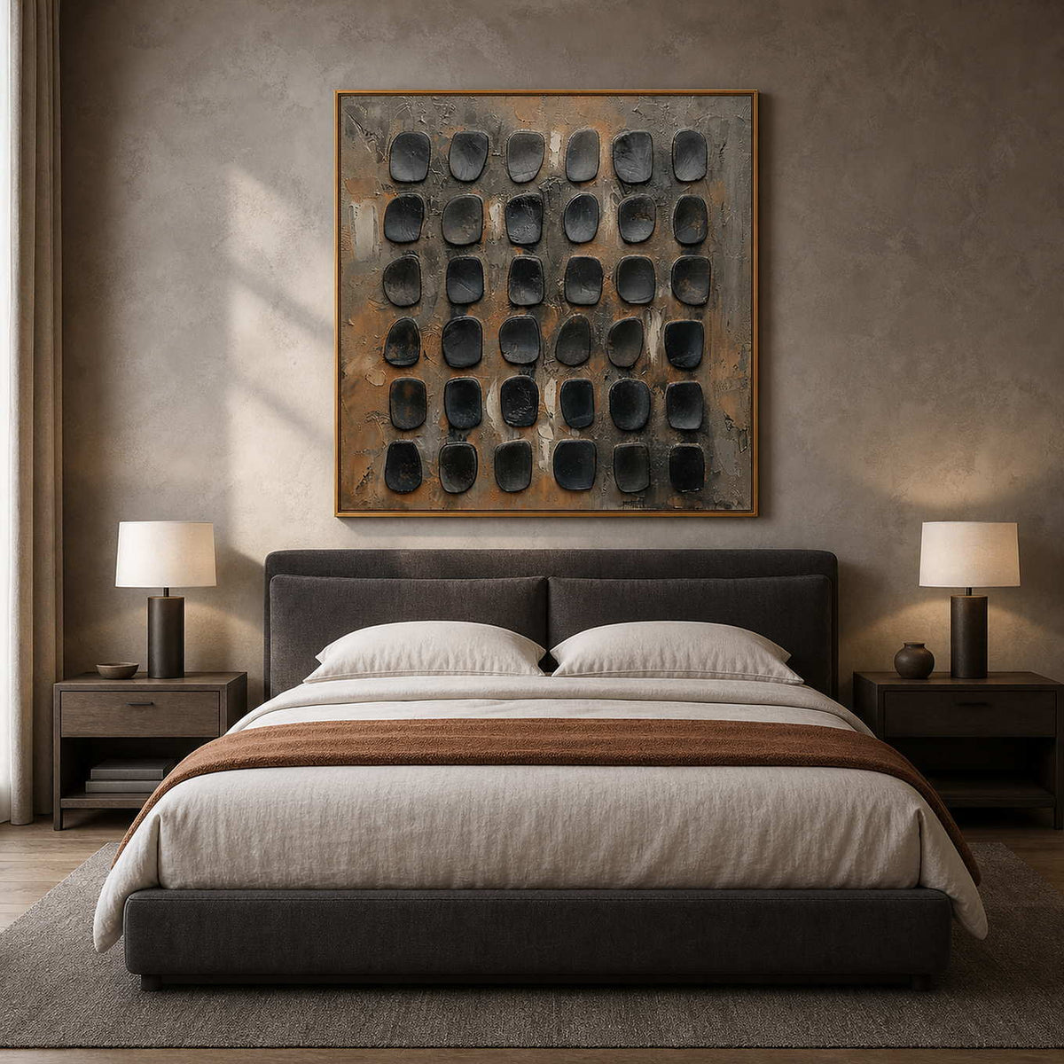 Minimalist Textured Wall Art displayed in a refined bedroom.