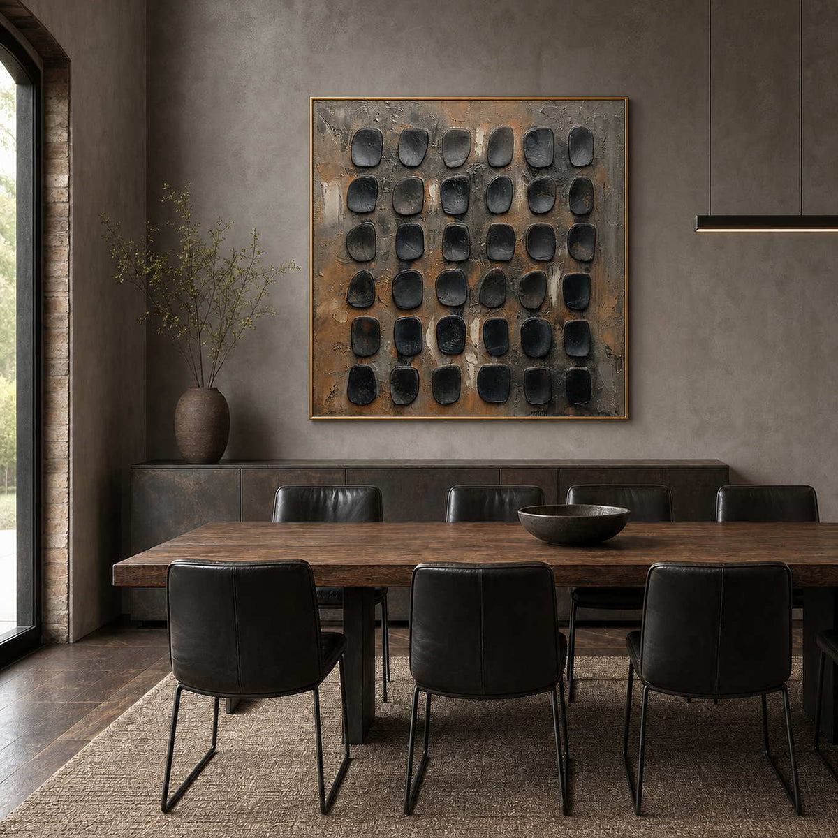 Minimalist Textured Wall Art displayed in a refined dining room.