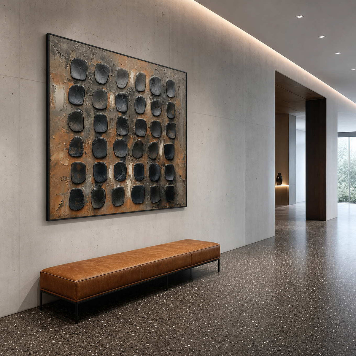 Minimalist Textured Wall Art displayed in a refined hospitality lounge.