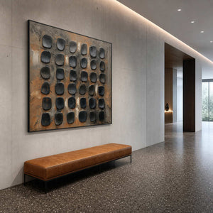 Minimalist Textured Wall Art displayed in a refined hospitality lounge.