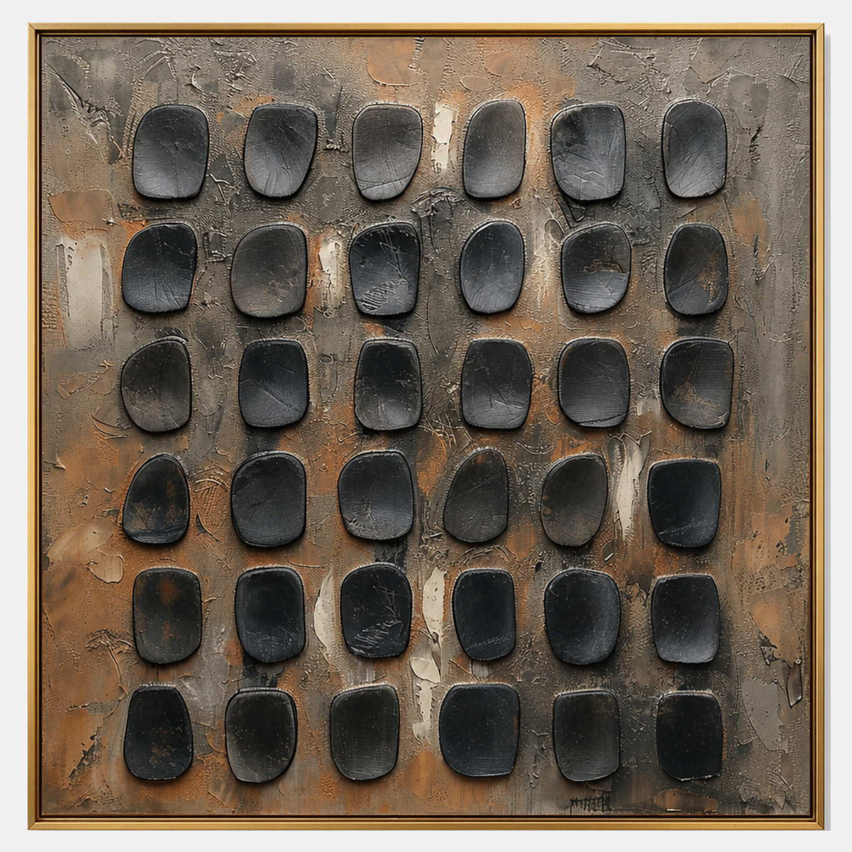 Hand-painted minimalist textured wall art with black, earth tones, and neutral tones.