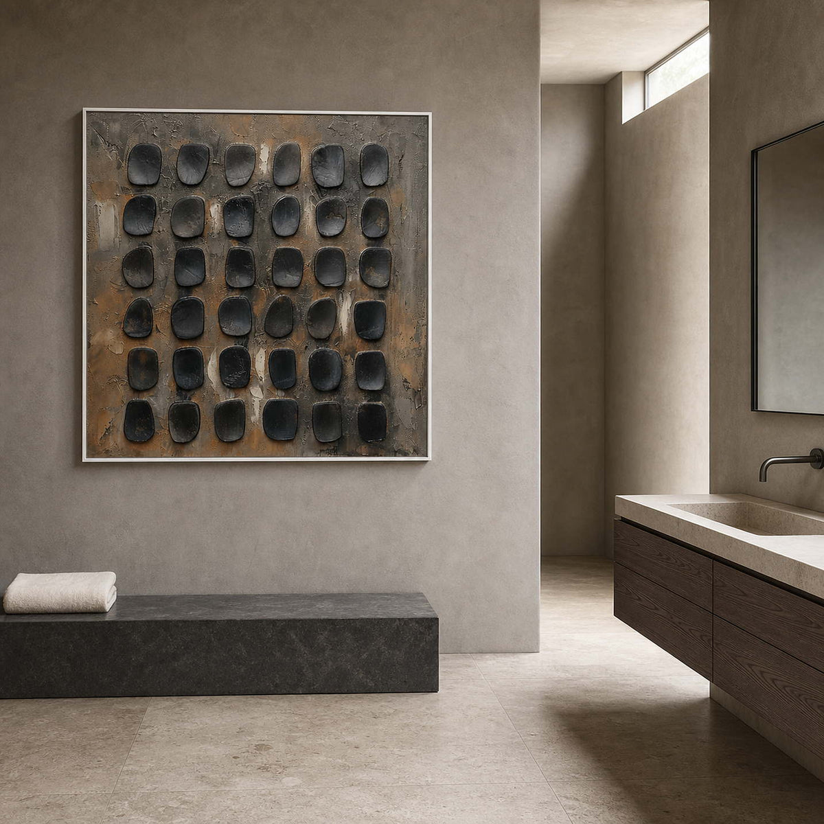 Minimalist Textured Wall Art displayed in a refined spa reception.