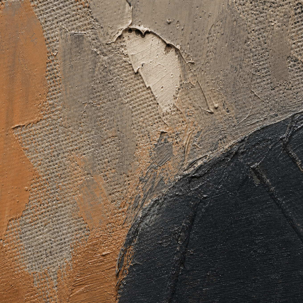 Close-up of raised hand-painted texture in black, earth tones, and neutral.