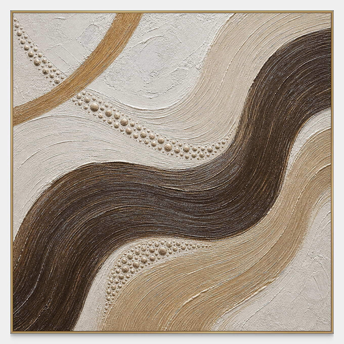 Hand-painted dark brown current through sand and ivory canvas with raised texture.