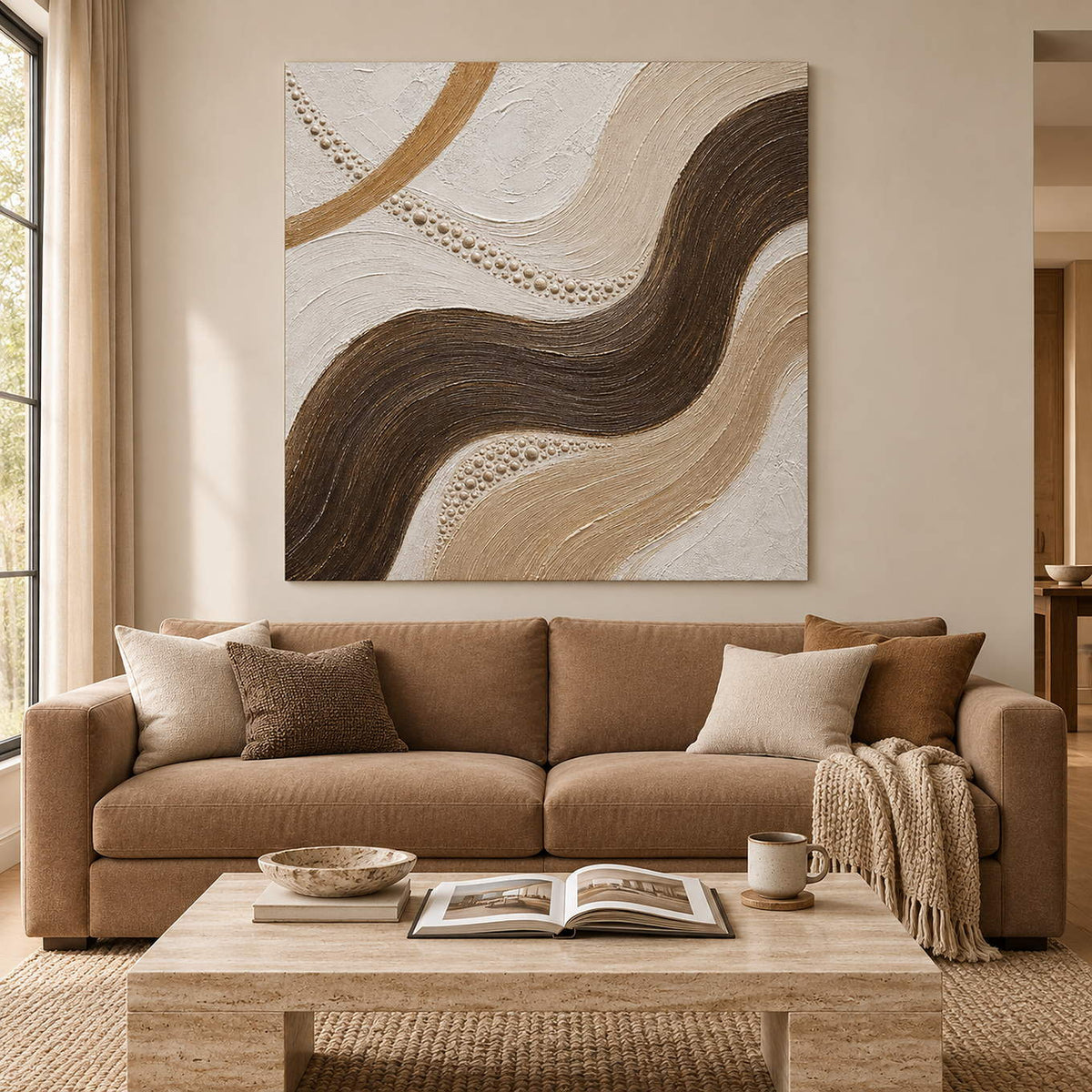 Dark brown flowing band painting with ivory, sand, and raised dotted curves without an outer frame in a living room.