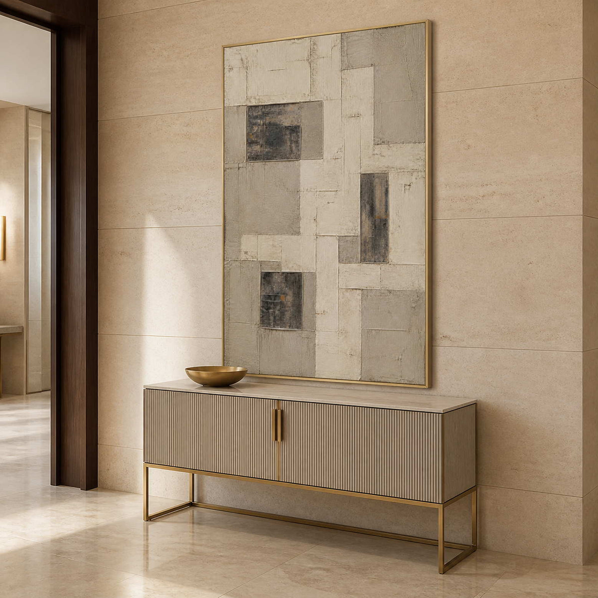 Vertical textured wall art in a refined bathroom with a gold frame.